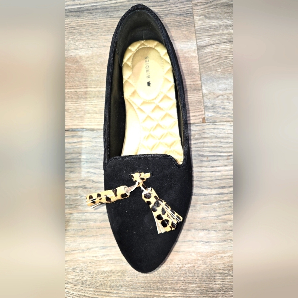 Birdies Flats Shoes Loafers The Blackbird Black Suede Cheetah Tassel 6.5